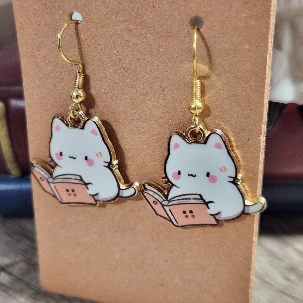 White Cat with Book Earrings